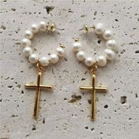 Simple Style Cross Freshwater Pearl Beaded Women's Earrings Necklace sku image 1