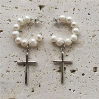 Simple Style Cross Freshwater Pearl Beaded Women's Earrings Necklace sku image 2