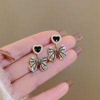 1 Pair Cute Retro Heart Shape Bow Knot Plating Inlay Alloy Zircon Drop Earrings main image 4