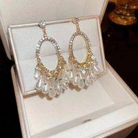 1 Pair Luxurious Oval Tassel Plating Inlay Alloy Artificial Pearls Rhinestones Drop Earrings sku image 1