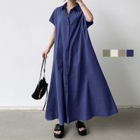 Style Simple Couleur Unie Robes Maxi Coton Et Lin Bouton Robe Chemise Maxi Longue Robe Robes main image 3