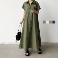 Simple Style Solid Color Maxi Dresses Cotton And Linen Button Shirt Dress Maxi Long Dress Dresses main image 4