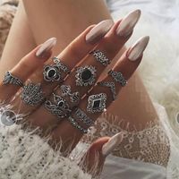 Bohemian Retro Flower Ring 11 Piece Set Hollow Carved Black Gem Joint Ring New Wholesale Nihaojewelry sku image 4