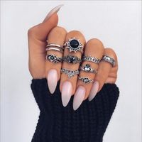 Bohemian Retro Flower Ring 11 Piece Set Hollow Carved Black Gem Joint Ring New Wholesale Nihaojewelry sku image 1