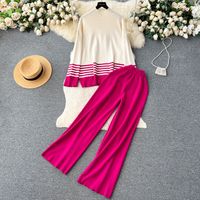 Daily Women's Vintage Style Color Block Stripe Polyester Blending Pants Sets Pants Sets sku image 1