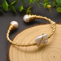 Retro Solid Color Stainless Steel Freshwater Pearl Plating 18k Gold Plated Bangle sku image 2