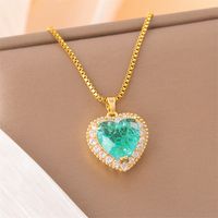 201 Stainless Steel 18K Gold Plated Sweet Plating Inlay Round Oval Heart Shape Artificial Diamond Pendant Necklace sku image 4
