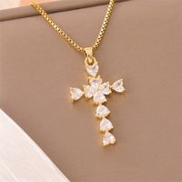 201 Stainless Steel 18K Gold Plated Sweet Enamel Plating Inlay Cross Little Bear Flower Artificial Diamond Pendant Necklace main image 10
