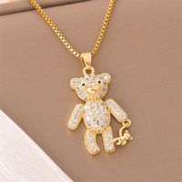 201 Stainless Steel 18K Gold Plated Sweet Enamel Plating Inlay Cross Little Bear Flower Artificial Diamond Pendant Necklace main image 9
