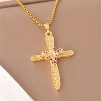201 Stainless Steel 18K Gold Plated Sweet Enamel Plating Inlay Cross Little Bear Flower Artificial Diamond Pendant Necklace main image 6