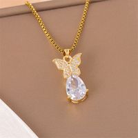 201 Stainless Steel 18K Gold Plated Sweet Enamel Plating Inlay Cross Little Bear Flower Artificial Diamond Pendant Necklace main image 3