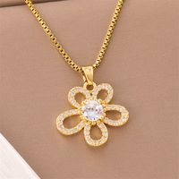 201 Stainless Steel 18K Gold Plated Sweet Enamel Plating Inlay Cross Little Bear Flower Artificial Diamond Pendant Necklace main image 2