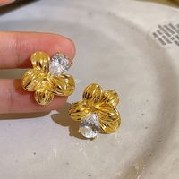 1 Par Señora Brillante Flor Embutido Aleación Diamantes De Imitación Chapado En Oro Pendientes main image 3