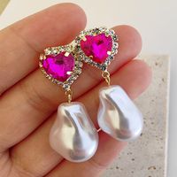 1 Pair Original Design Heart Shape Inlay Imitation Pearl Artificial Diamond Drop Earrings main image 6