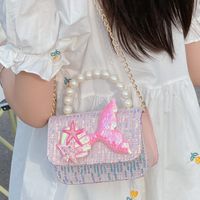 Girl's Small Cotton Shell Fish Tail Cute Sequins Pearls Square Flip Cover Crossbody Bag main image 1