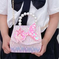 Girl's Small Cotton Shell Fish Tail Cute Sequins Pearls Square Flip Cover Crossbody Bag main image 5