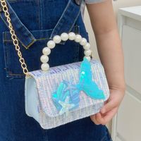 Girl's Small Cotton Shell Fish Tail Cute Sequins Pearls Square Flip Cover Crossbody Bag main image 4