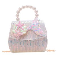 Girl's Small Cotton Shell Fish Tail Cute Sequins Pearls Square Flip Cover Crossbody Bag main image 3