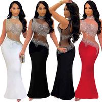Women's Party Dress Sexy High Neck See-through Diamond Backless Sleeveless Solid Color Maxi Long Dress Banquet Party main image 1