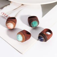 Vintage Style Simple Style Streetwear Round Wood Inlay Turquoise Women's Rings main image 1