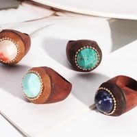 Vintage Style Simple Style Streetwear Round Wood Inlay Turquoise Women's Rings main image 2