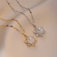 Streetwear Flower Titanium Steel Inlay Artificial Pearls Zircon Pendants Pendant Necklace sku image 3