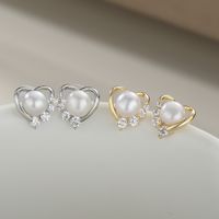 1 Pair Original Design Heart Shape Plating Inlay Freshwater Pearl Copper Zircon Ear Studs main image 5