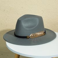 Unisex Retro Classic Style Leaves Solid Color Belt Buckle Wide Eaves Fedora Hat sku image 7