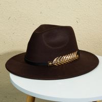 Unisex Retro Classic Style Leaves Solid Color Belt Buckle Wide Eaves Fedora Hat sku image 10