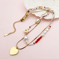 304 Stainless Steel Artificial Crystal Soft Clay Gold Plated Elegant Sweet Beaded Enamel Plating Heart Shape Pearl Beads Double Layer Necklaces main image 3