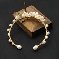 Retro Leaves Flower Freshwater Pearl Sterling Silver Plating 18k Gold Plated Bangle main image 3