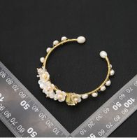 Retro Leaves Flower Freshwater Pearl Sterling Silver Plating 18k Gold Plated Bangle main image 5