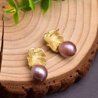 1 Pair Vintage Style Flower Plating Freshwater Pearl Copper 18k Gold Plated Ear Studs sku image 2
