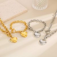 Stainless Steel 18K Gold Plated Simple Style Chain Heart Shape Bracelets Necklace main image 8