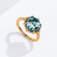 Glam Luxurious Geometric Round Sterling Silver Plating Rhinestones Moss Agate Gold Plated Open Rings main image 3