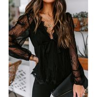 Women's Blouse Long Sleeve Blouses Lace Hollow Out Casual Solid Color sku image 4