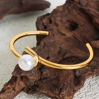 Elegant Solid Color Titanium Steel Plating Inlay Artificial Pearls 18k Gold Plated Bangle main image 4