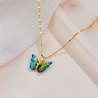 Wholesale Sweet Butterfly Titanium Steel Inlay Artificial Gemstones Pendant Necklace main image 4