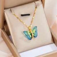 Wholesale Sweet Butterfly Titanium Steel Inlay Artificial Gemstones Pendant Necklace sku image 1
