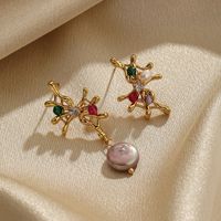 1 Pair Ig Style Retro Geometric Asymmetrical Plating Inlay Copper Crystal Pearl Zircon 18k Gold Plated Drop Earrings main image 5