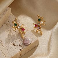 1 Pair Ig Style Retro Geometric Asymmetrical Plating Inlay Copper Crystal Pearl Zircon 18k Gold Plated Drop Earrings main image 3