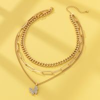 Hip-hop Rock Punk Butterfly Alloy Plating Inlay Zircon Gold Plated Women's Three Layer Necklace main image 4