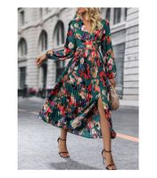 Women's Slit Dress Casual Elegant V Neck Printing Pleated Long Sleeve Printing Midi Dress Street main image 2
