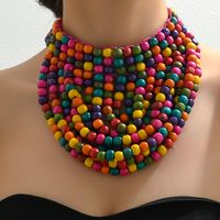 Wholesale Jewelry Lady Queen Sexy Colorful Wood Iron Beaded Braid Double Layer Necklaces sku image 1