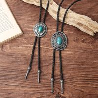 Vintage Electroplated Antique Metal Petals Turquoise Floral Sweater Chain Pu Artificial Leather Stretchable Fashion Accessories Sweater Chain main image 5