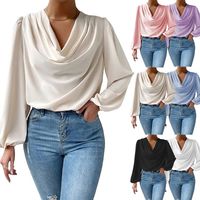 Femmes Chemisière Manche Longue Blouses Plissé Élégant Couleur Unie main image 6