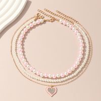 Cute Sweet Heart Shape Artificial Diamond Artificial Pearl Metal Wholesale Pendant Necklace Necklace sku image 1