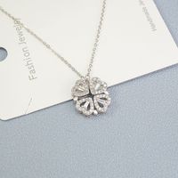 Sweet Four Leaf Clover Heart Shape Stainless Steel Inlay Artificial Diamond Pendant Necklace sku image 1