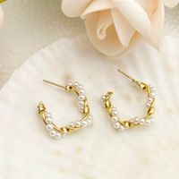 1 Pair Simple Style Commute Twist Beaded Plating 304 Stainless Steel Artificial Pearl Pearl Beads 14K Gold Plated Ear Studs main image 3