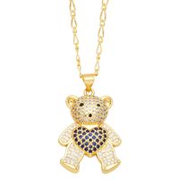 Cute Little Bear Heart Shape Stainless Steel Copper Plating Inlay Zircon 18k Gold Plated Pendant Necklace main image 5